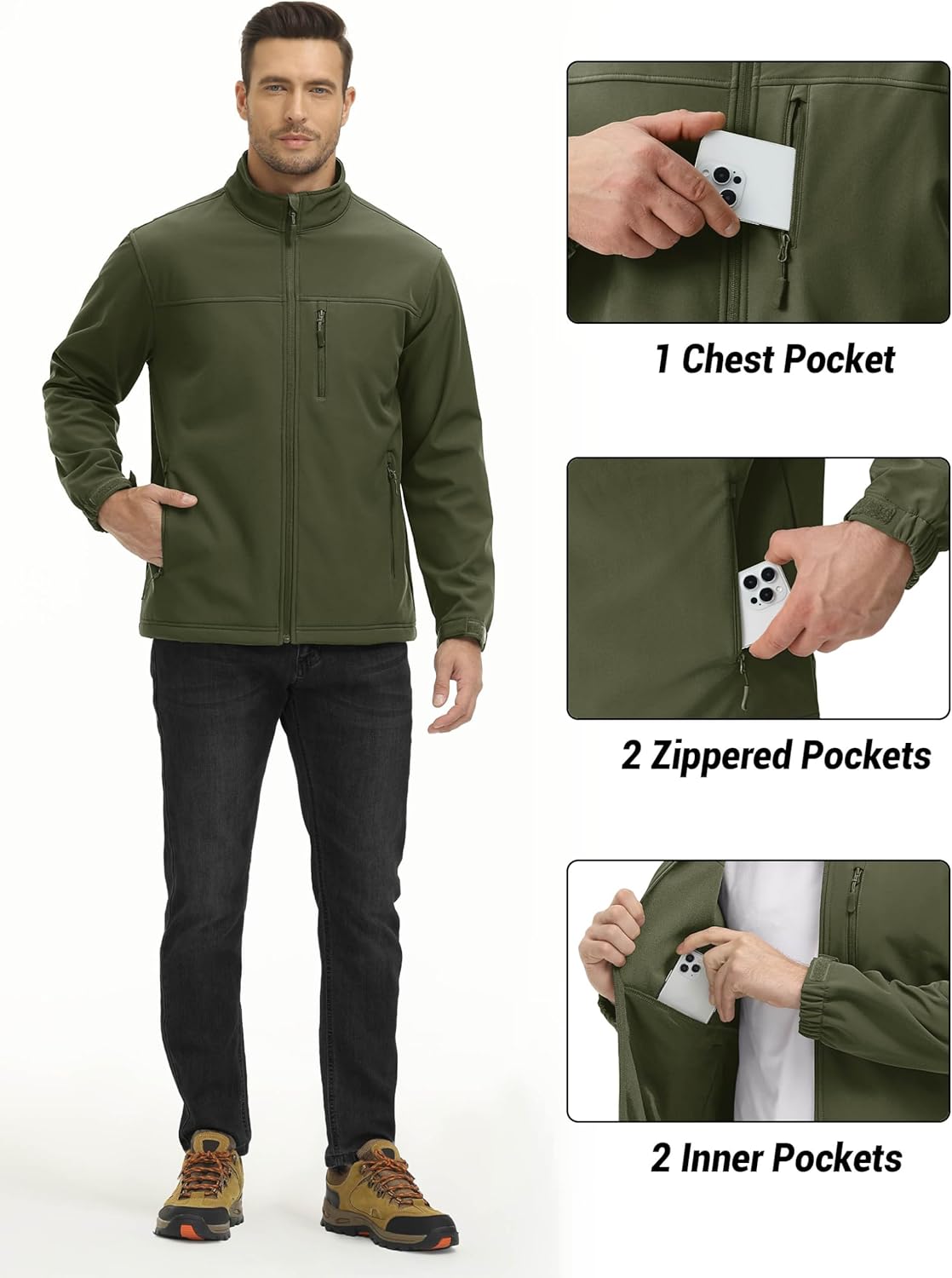 Men's Lightweight Softshell Jacket Fleece Lined Waterproof Tactical Rain Zip Up Winter Coat Windbreaker Casual