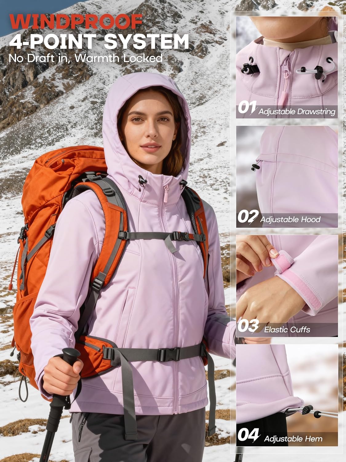 Women's Waterproof Softshell Jacket with Hood Fleece Lined Warm Lightweight Windproof Rain Jacket for Hiking Women's Waterproof Softshell Jacket with Hood Fleece Lined Warm Lightweight Windproof Rain Jacket for Hiking
