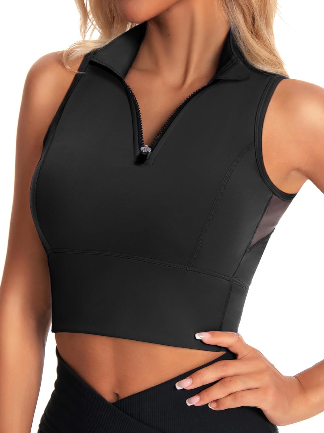 Cropped Workout Tank Tops for Women Built in Bra Half Zip High Neck Sports Bras Medium Support Sleeveless Athletic Top