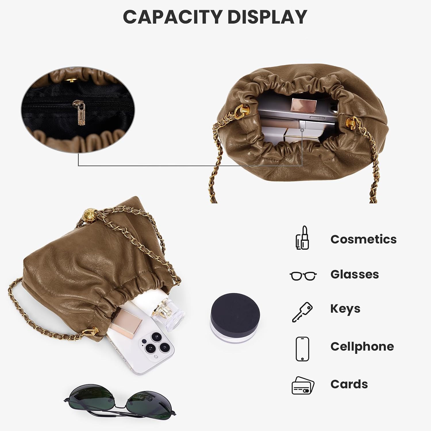 Womens Leather Chain Hobo Bag Tote Shoulder Handbag Crossbody Bags Drawstring Small Bag Dating Purse