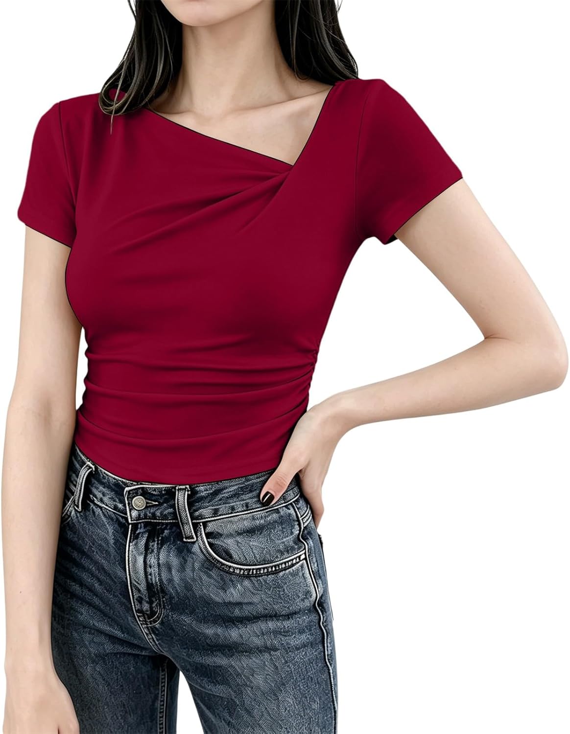 Womens Summer Asymmetrical T Shirts Ruched Fitted Y2K Going Out Tops Spring Fashion Outfits Casual Work Blouse