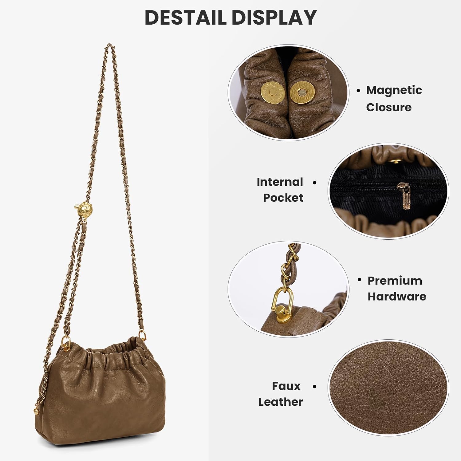 Womens Leather Chain Hobo Bag Tote Shoulder Handbag Crossbody Bags Drawstring Small Bag Dating Purse